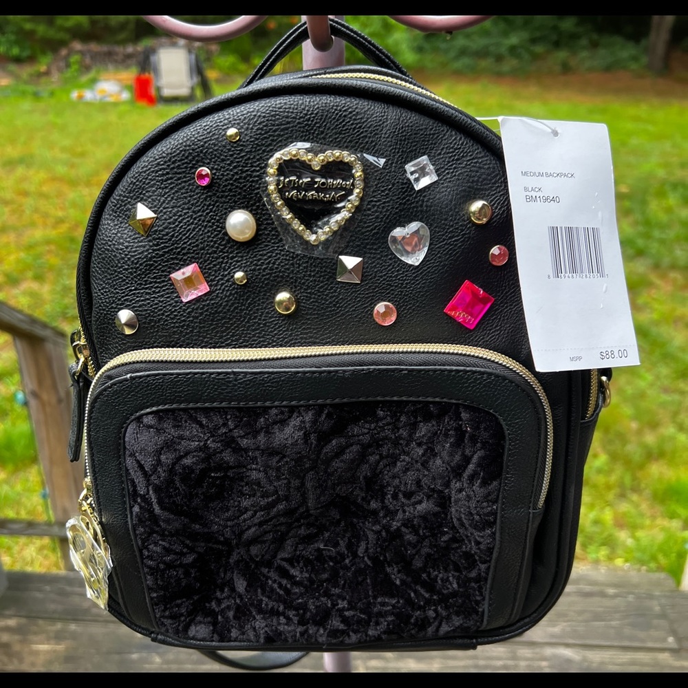 BETSEY JOHNSON Black Jewel Studded Backpack